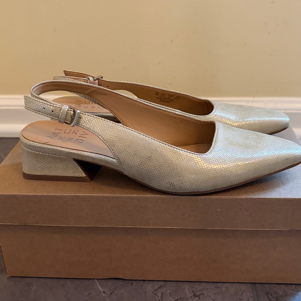 Gold Sling Back Low Heels